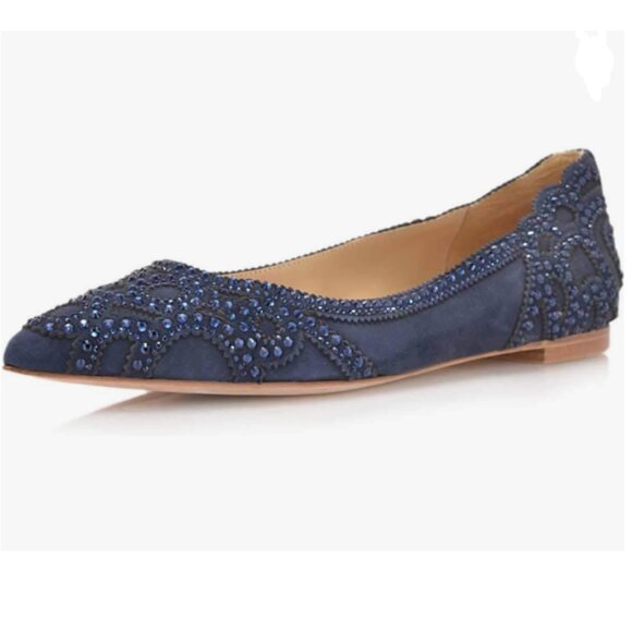 XYD Shoes - XYD Navy Pointed Toe Rhinestone Slip On Low Heel Crystal Embellished Shoes